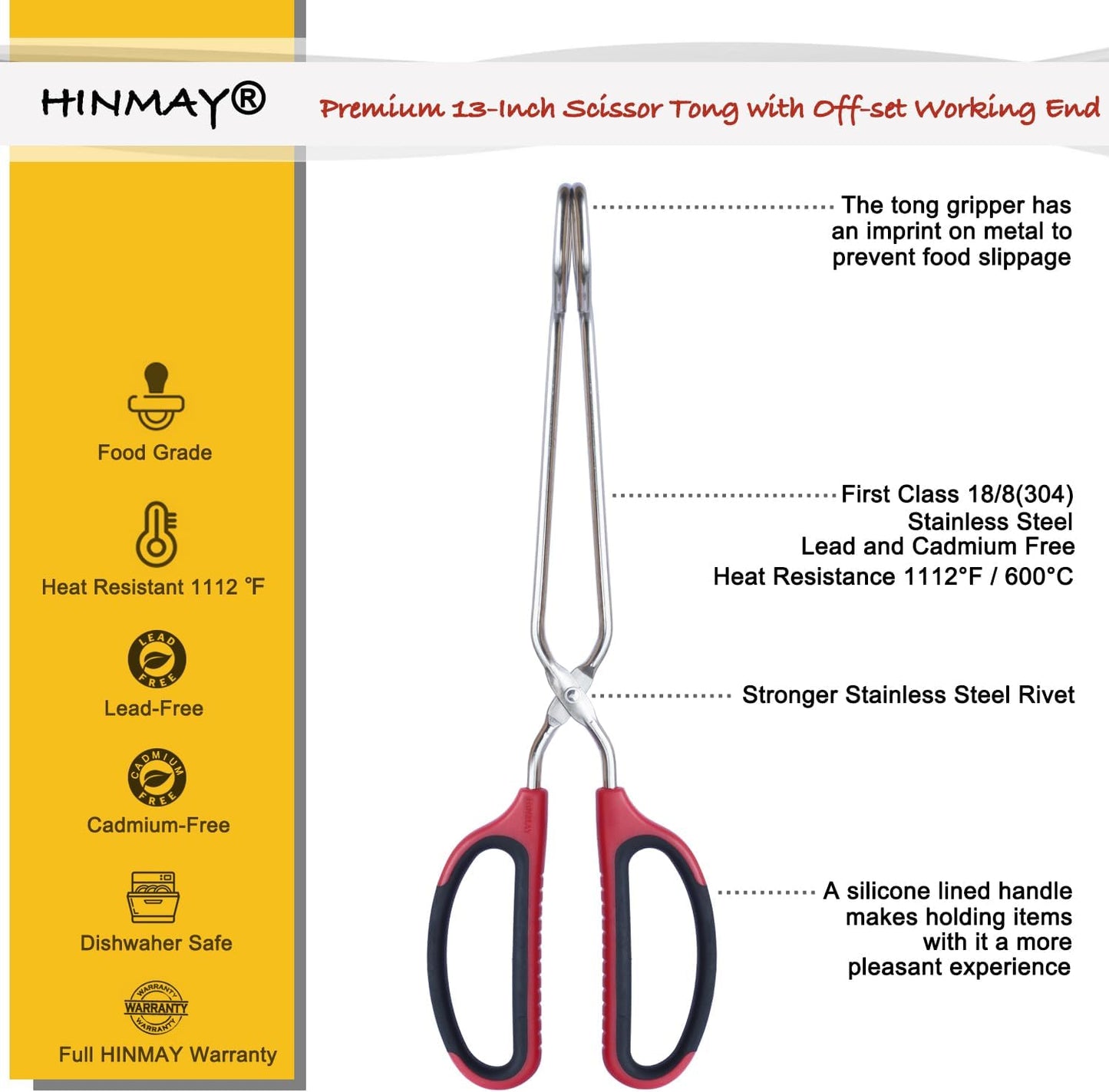 HINAMY Stainless Steel Scissor Tongs with Comfort-Grip Handle 13-Inch, Set of 2