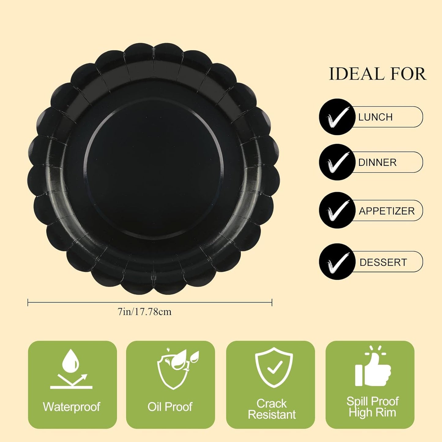 50Pcs Black Paper Plates-7 Inch Disposable Halloween Plates Scalloped Black Cute Dessert Dinner Plate Birthday Dinnerware Disposable Dinner Party Supplies for Halloween Wedding Table Decor
