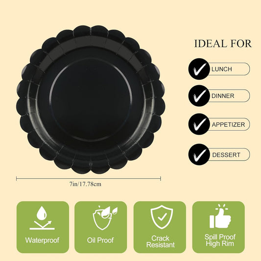 50Pcs Black Paper Plates-7 Inch Disposable Halloween Plates Scalloped Black Cute Dessert Dinner Plate Birthday Dinnerware Disposable Dinner Party Supplies for Halloween Wedding Table Decor