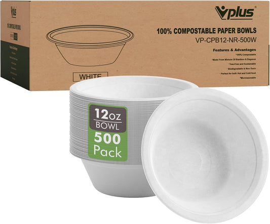 Vplus 500 Pack 12 OZ Paper Bowls Bulk, Disposable Compostable, Eco-friendly Bagasse, Heavy-duty Bowls Perfect for Milk Cereals, Snacks, Salads