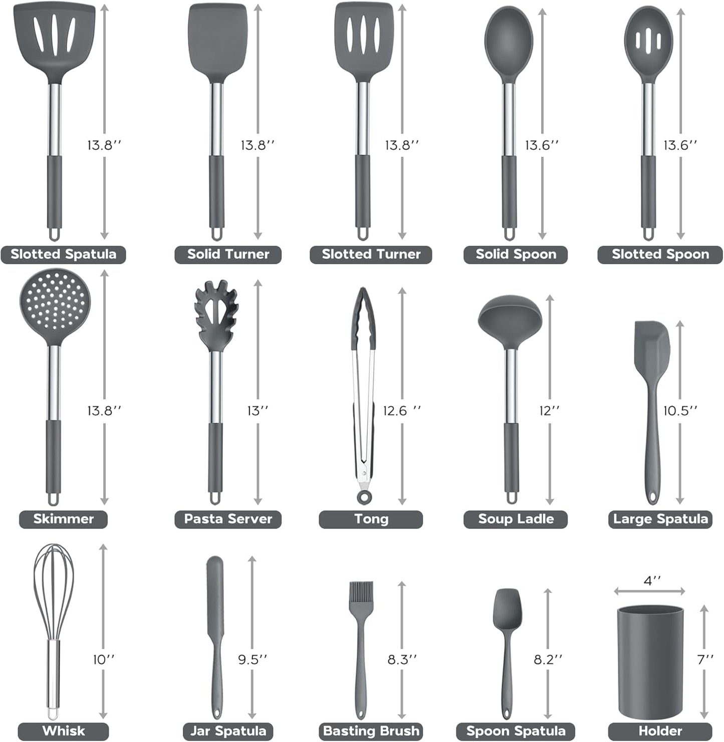 Onader Kitchen Cooking Utensils Set of 15, Silicone and Stainless Steel Utensils Spatula Set with Holder, Heat Resistant & Dishwasher Safe - Grey