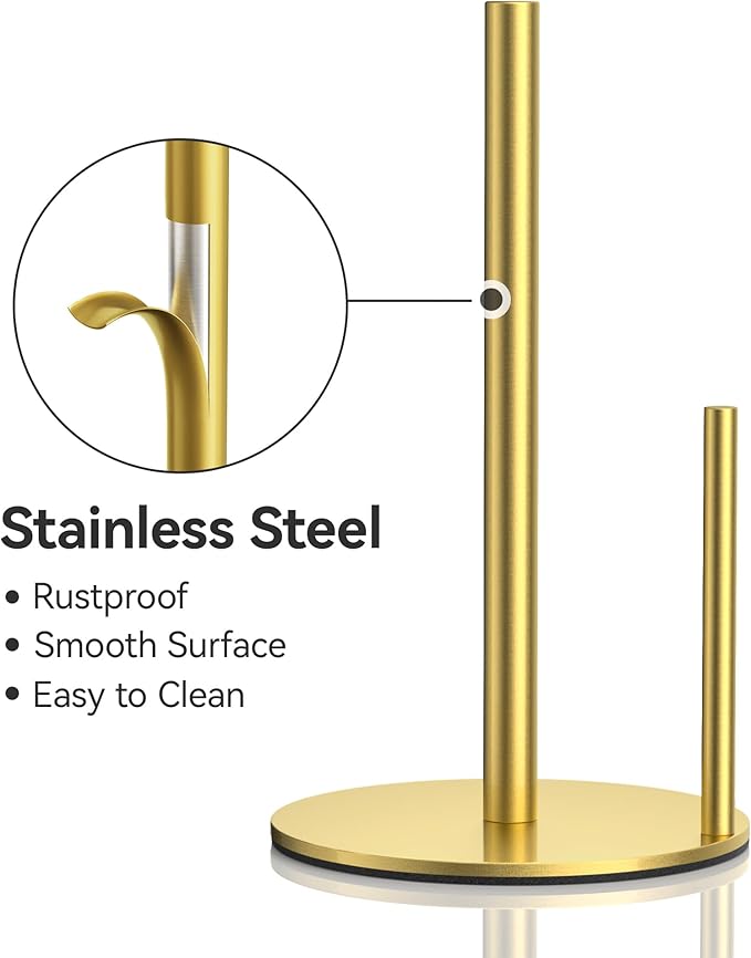 Paper Towel Holder Countertop, Stainless Steel, Gold, for Kitchen, Pantry, RV