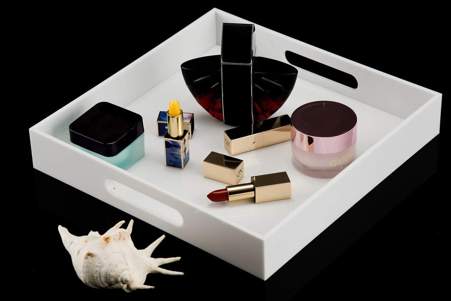 Glossy White Sturdy Acrylic Serving Tray with Handles-10x10Inch-Serving Coffee,Appetizer,Breakfast,Butler-Kitchen Countertop-Makeup Drawer Organizer-Vanity Table,Ottoman Tray-Decorative Tray