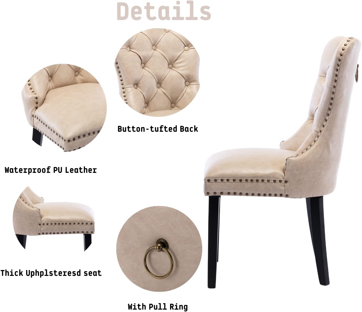 Beige Leather Dining Chairs Set of 2 Mid Century Modern Tufted Chairs Armless Rubber Wood Vintage Chairs Upholstered Nailhead PU Side Chair with Pull Ring for Kitchen/Cafe Decor Furniture