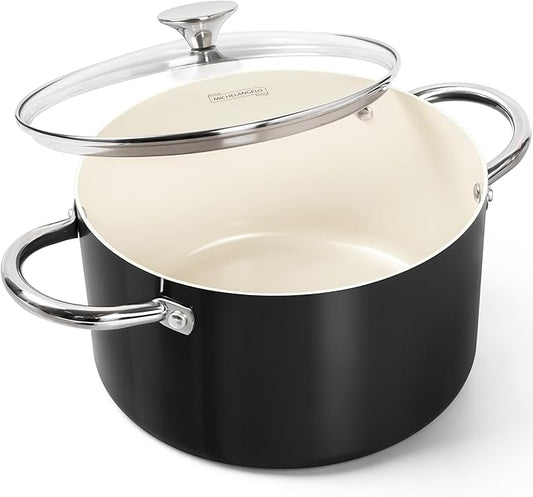 MICHELANGELO Ceramic Stock Pot with Lid, 6 Quart Pot with Nonstick Coating, Induction Cooking Pot for Induction and All Stovetops - 6QT, Black