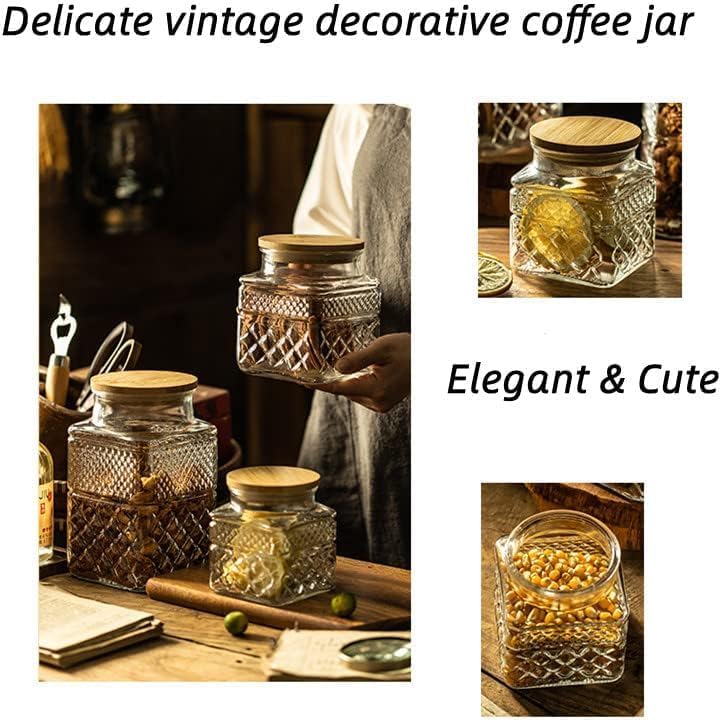 Glass Storage Canister with Airtight Lids, 20.3 oz Candy Jar Cute Jar for Ground Coffee, Tea Bag, Snacks Vintage Decorative Glass Jars for Coffee Bar Kitchen Counter Table