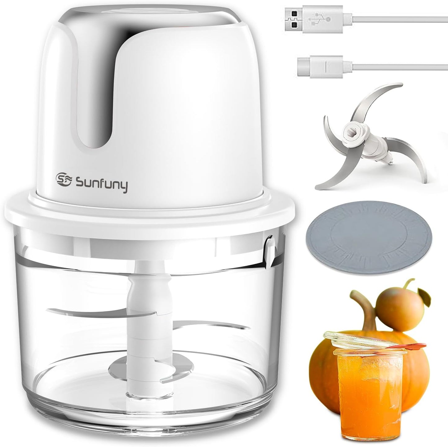 Food Processor Cordless, Small Wireless Chopper with 5-Cup Glass Bowl, 6000mAh Battery USB-C Rechargeable Electric Vegetable Chopper Meat Blender Kitchen Mixer for Garlic, Onion, Salad,Baby Food,White