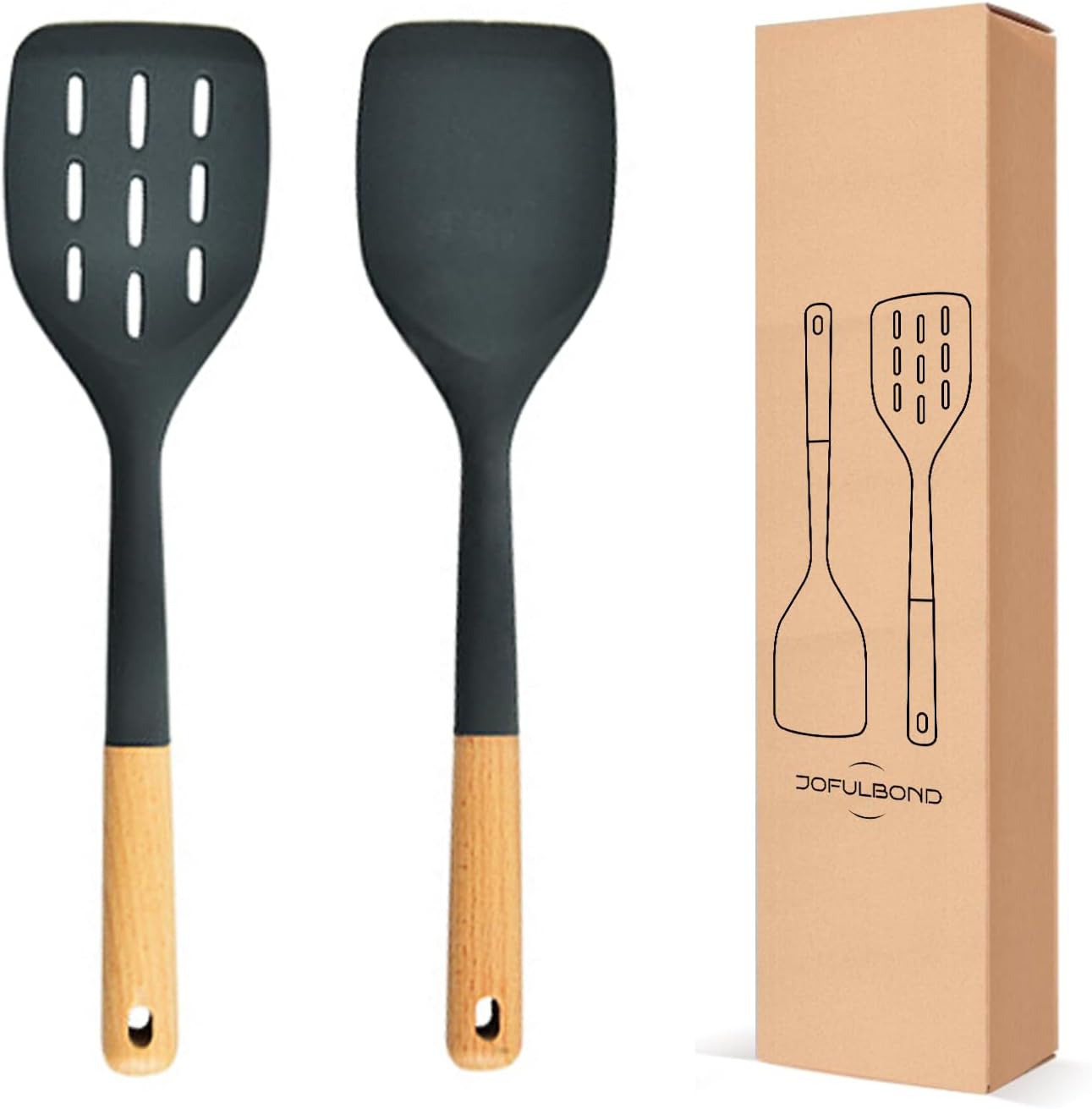 Pack of 2 Silicone Spatula, Non Stick Cooking Utensil Set Wooden Handle Kitchen Turner for Baking Mixing Grilling Serving Food Heat Resistant Non Scratch (Dark gray)