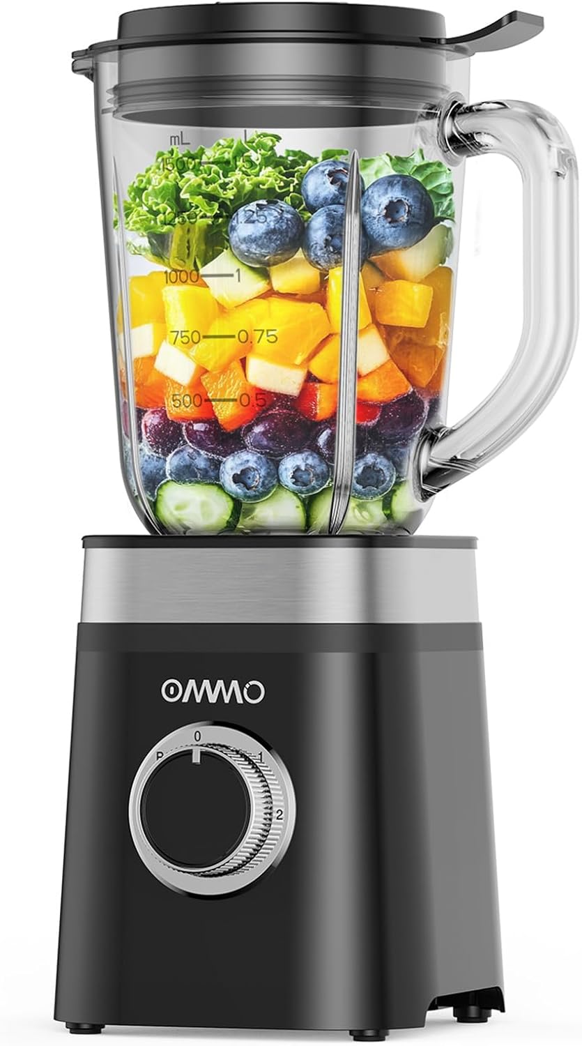 OMMO Blender, Professional Smoothie Blender with 4 Stainless Steel Blades, 50oz Glass Blenders for Kitchen with 2 Speed&Pulse, Dishwasher Safe for Ice Crush, Smoothies, Nuts, Frozen Drinks and Fruits