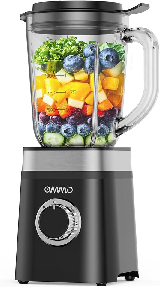 OMMO Blender, Professional Smoothie Blender with 4 Stainless Steel Blades, 50oz Glass Blenders for Kitchen with 2 Speed&Pulse, Dishwasher Safe for Ice Crush, Smoothies, Nuts, Frozen Drinks and Fruits