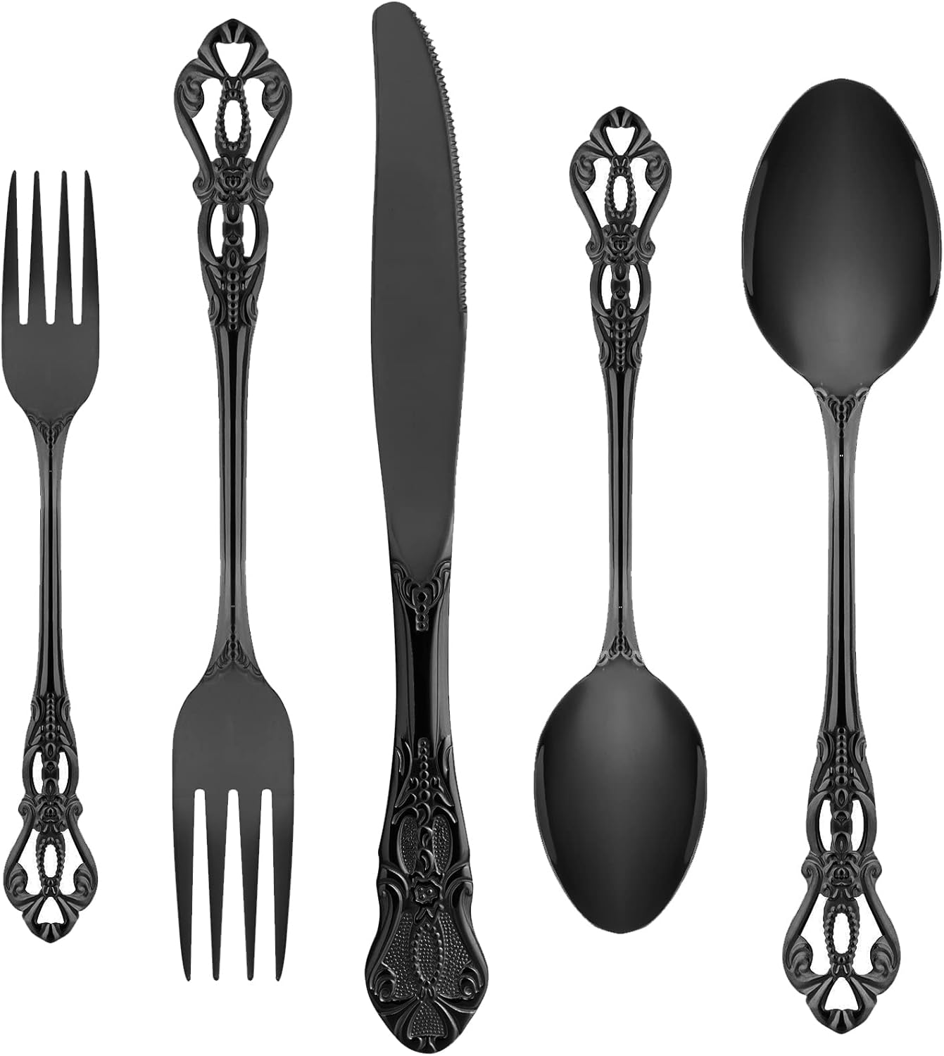 Black Silverware Set for 8, Stainless Steel Gorgeous Retro Royal Flatware Set, 40-Pieces Cutlery Tableware set, Kitchen utensils set Include Spoons And Forks Set, Mirror Finish, Dishwasher Safe