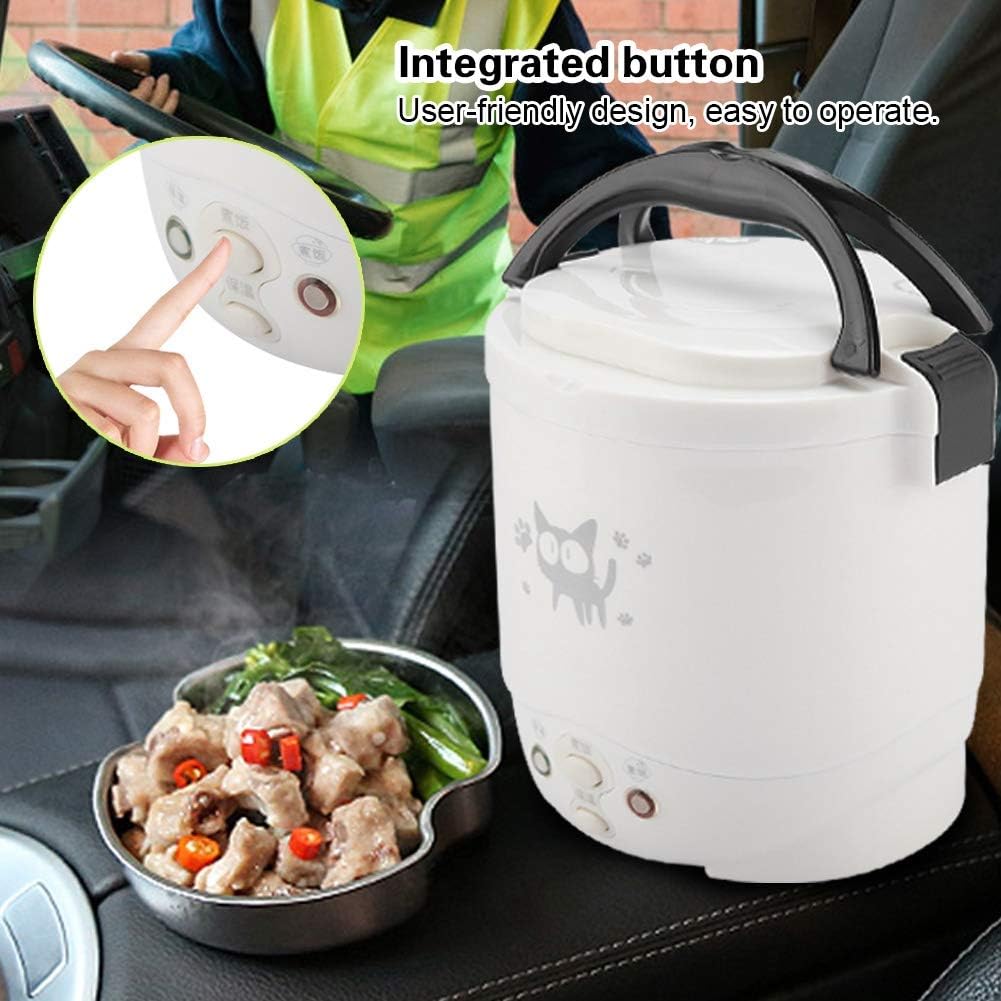 Mini Rice Cooker, 1l 12v 100w Non Stick Rice Maker Portable Food Steamer for Travel Cars Camping Cooking (White)