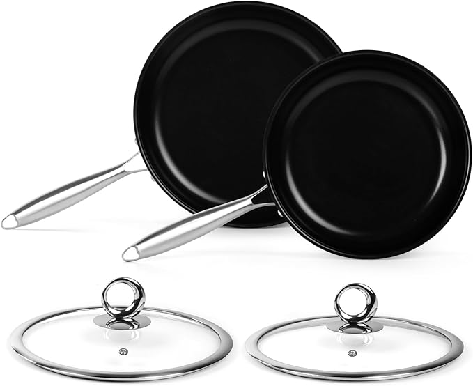 Innerwell Stainless Steel Frying Pan Set, Titanium Ceramic 10” and 12” Non Stick Frying Pan Skillet Set with Lids, No Toxic Nonstick Egg Omelet Cooking Pan Set, Induction Compatible, PFAS&PTFE Free