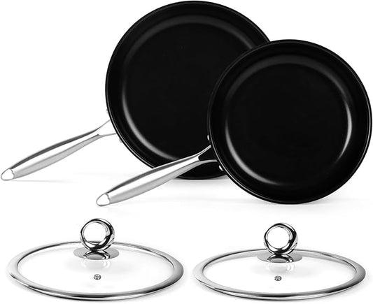 Innerwell Stainless Steel Frying Pan Set, Titanium Ceramic 10” and 12” Non Stick Frying Pan Skillet Set with Lids, No Toxic Nonstick Egg Omelet Cooking Pan Set, Induction Compatible, PFAS&PTFE Free