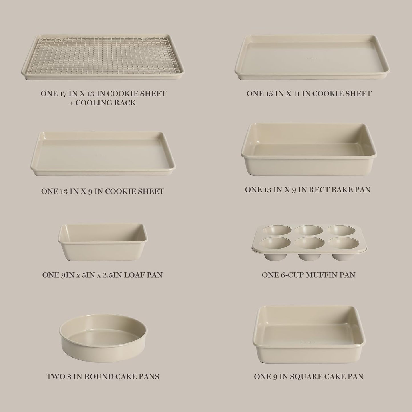 Martha Stewart Gallen 10 Piece Baking Pans Ceramic PFA Free Non Toxic Non Stick Bakeware Set - Taupe