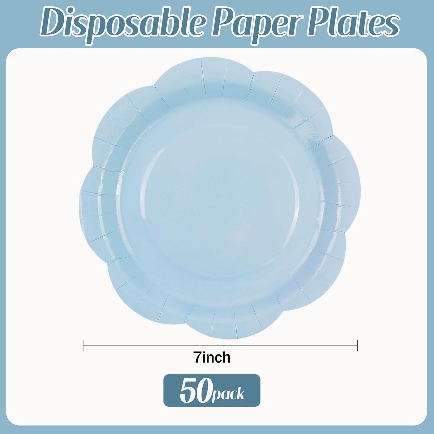 50 Pack Blue Paper Plates 7 Inch, Disposable Scalloped Plates Cake Dessert Plate for Dinner Baby Shower Wedding Bridal Shower Birthday Party Supplies (Blue, 7 inch)