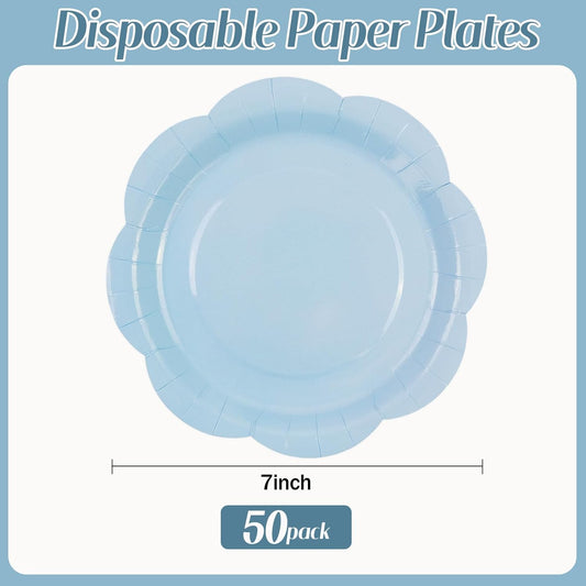 50 Pack Blue Paper Plates 7 Inch, Disposable Scalloped Plates Cake Dessert Plate for Dinner Baby Shower Wedding Bridal Shower Birthday Party Supplies (Blue, 7 inch)