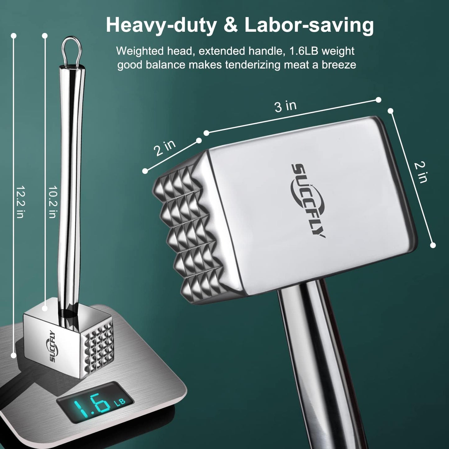 Meat Tenderizer Stainless Steel, Heavy Duty Meat Hammer, Kitchen Meat Mallet 1.65LB Meat Pounder Flatterner Weighted Hammer Extended Handle for Labor-saving Chicken Steak Meat Tenderizer Tool