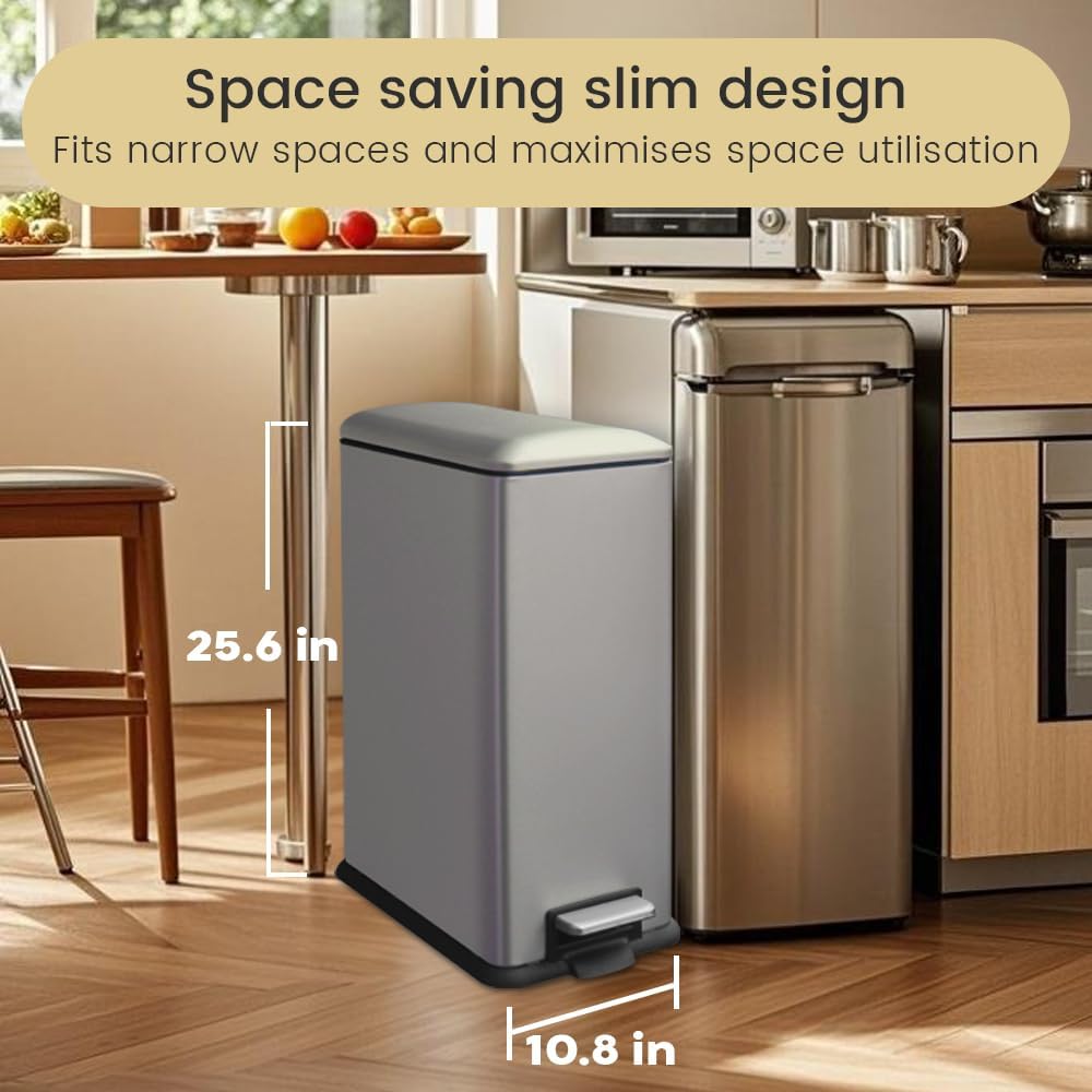 12 Gallon Trash Can with Lid，45L Kitchen Garbage Can,Stainless Steel Trash Can for Narrow Spaces with Soft-Close Lid, Inner Bucket, and Step-on Pedal