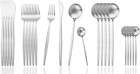 JASHII Silverware Set, 24-Piece Stainless Steel Flatware Set,Kitchen Utensil Set Service for 6,Tableware Cutlery Set for Home, Dishwasher Safe (Matte Silver)