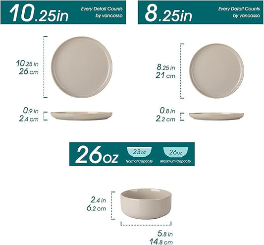 vancasso PLAYA Plates and Bowls Sets,12 Pieces Grey Dinnerware Sets for Kitchen,Reactive Glaze Dishes Set for 4,Dishwasher and Microwave Safe