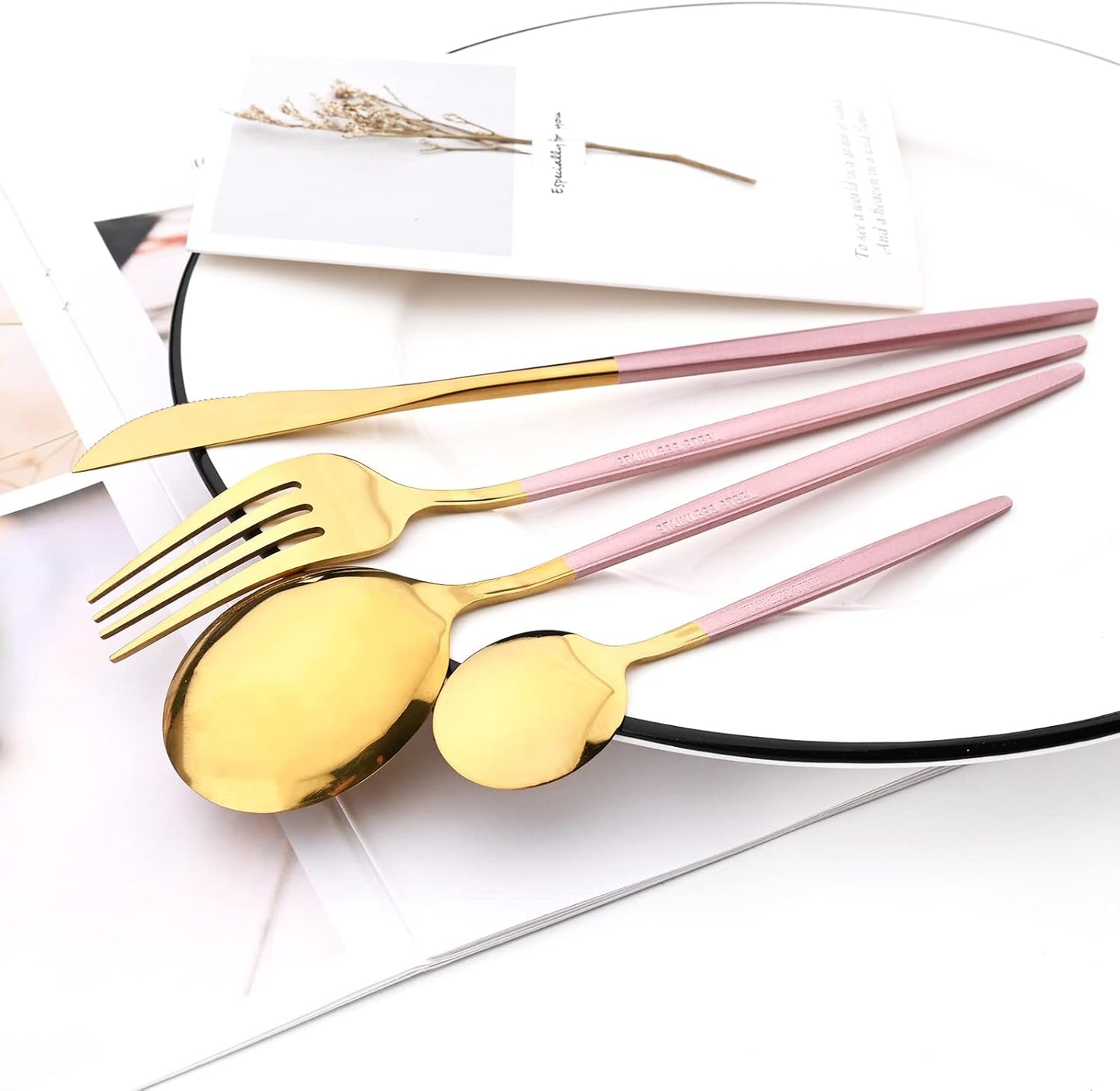 Mirror Cutlery Serving Set, 24-piece 18/0 Stainless Steel Silverware With Pink Handle Simple & Modern Tableware For Home Party Restaurant Christmas Dinner, Service For 6 (Pink Gold)