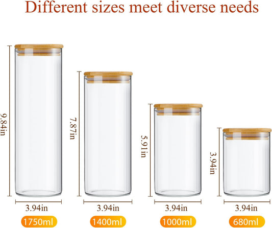 24 Pcs Glass Storage Jars with Wooden Lids, 4 Sizes Food Storage Containers Clear Stackable Canisters Airtight Glass Jars for Candy Cookie (Clear,Light Brown,4''x4'',6'',7.9'',9.8'')