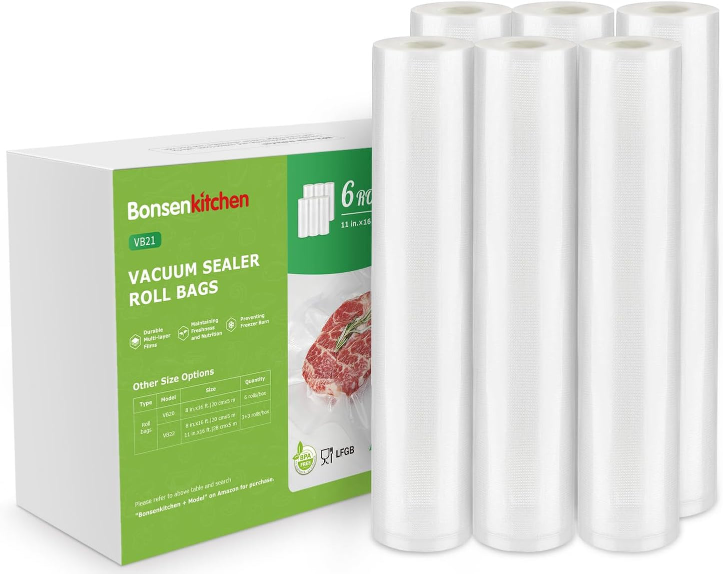 [2025 Upgraded] Bonsenkitchen 6 Rolls 11" x 16' Vacuum Sealer Bags for Food with a Color Box, Easy to Store, Commercial Grade, BPA Free, Great for Food Storage or Sous Vide, VB21