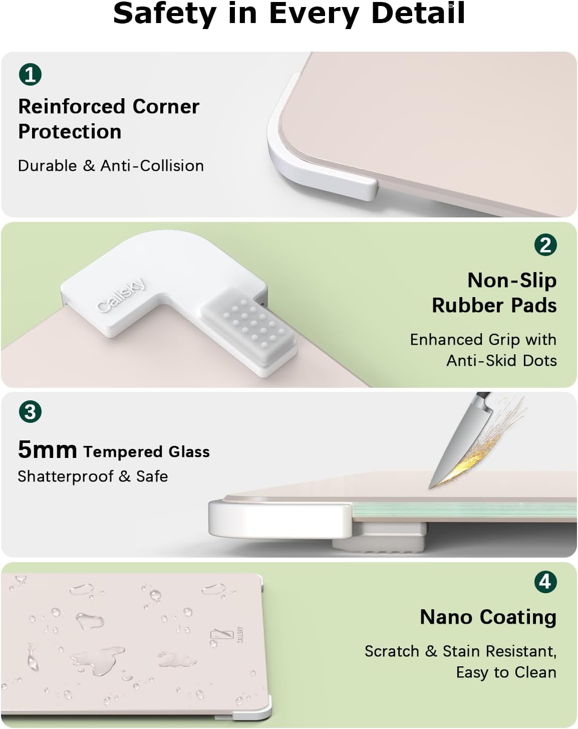Tempered Glass Cutting Board Set, Large 16"x12" Glass Cutting Board for Kitchen with 4 Non-Slip Feet,Heat & Shatter Resistant Glass Cutting Board Dishwasher Safe, Perfect Kitchen Gift & Decor - Beige