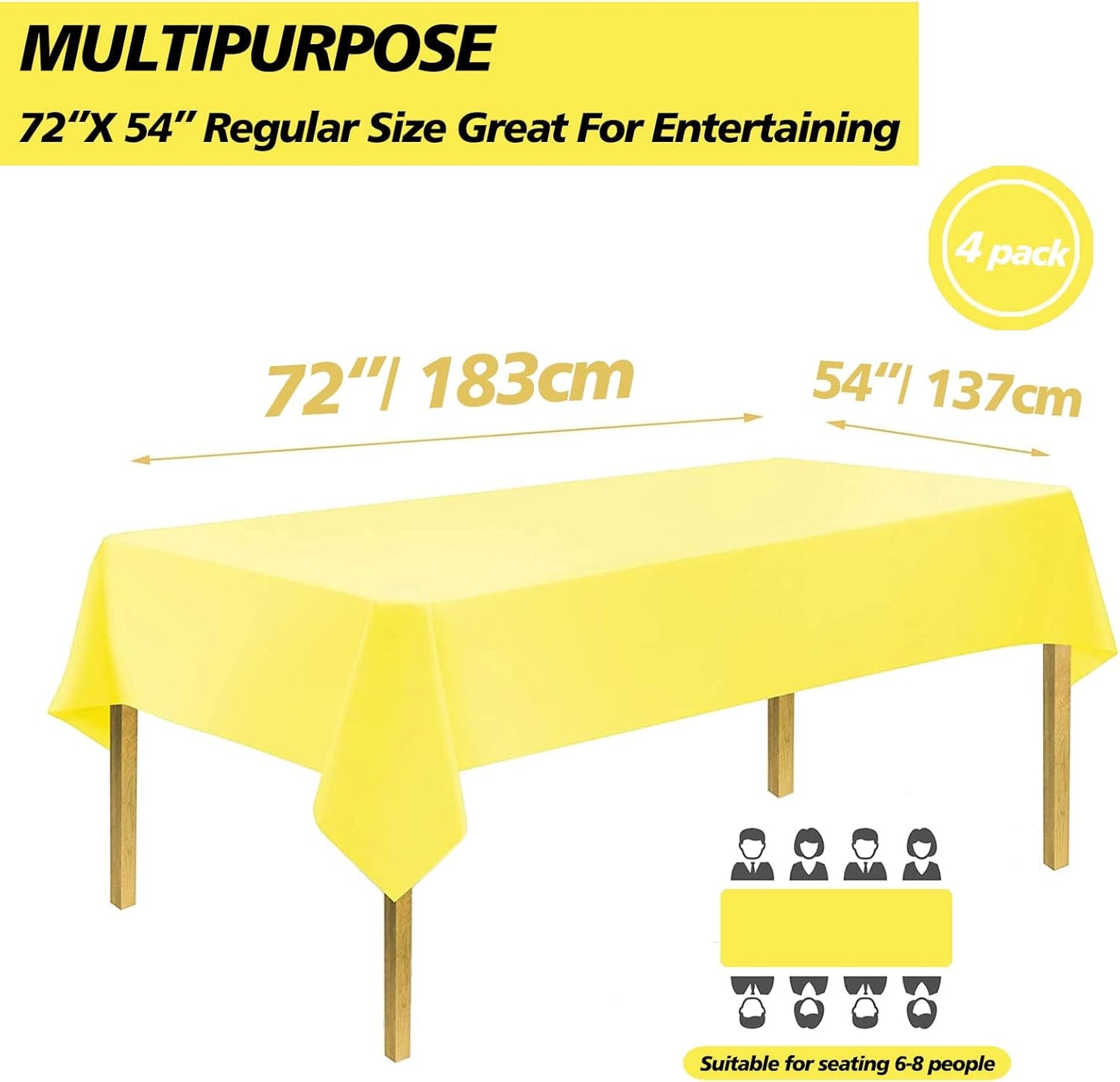 FUNTOOB Plastic Table Cloth 4 Pack Yellow Disposable Plastic Tablecloth Party Table Cover Lemons Party Table Clothes for Baby Shower Gender Reveal Birthday Party Decorations 54" X 72" (Yellow 4 Pack)