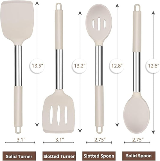 E-far Cooking Utensils Set of 4, Silicone Kitchen Utensils for Non-stick Cookware, Heat Resistant & Non-toxic Slotted Spatula Solid Spoon Turner for Flipping Mixing Serving Basting(Khaki)