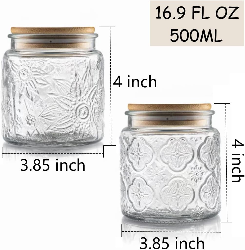 ANSQU Set of 4 Vintage Glass Airtight Storage Jars, 17 FL OZ Glass Storage Containers with Bamboo Lids, Canning Jar for Kitchen Counter, Pantry, Cookie, Coffee, Tea, Sugar, Cute Jars