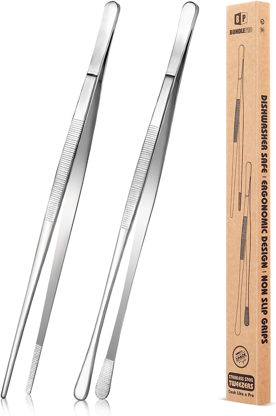 2 Pcs 12-Inch Kitchen Tweezers Fine Tweezer Tongs, Stainless Steel Professional Long Cooking Tweezers for BBQ, Sea Food, Repairing and Serving (SILVER)