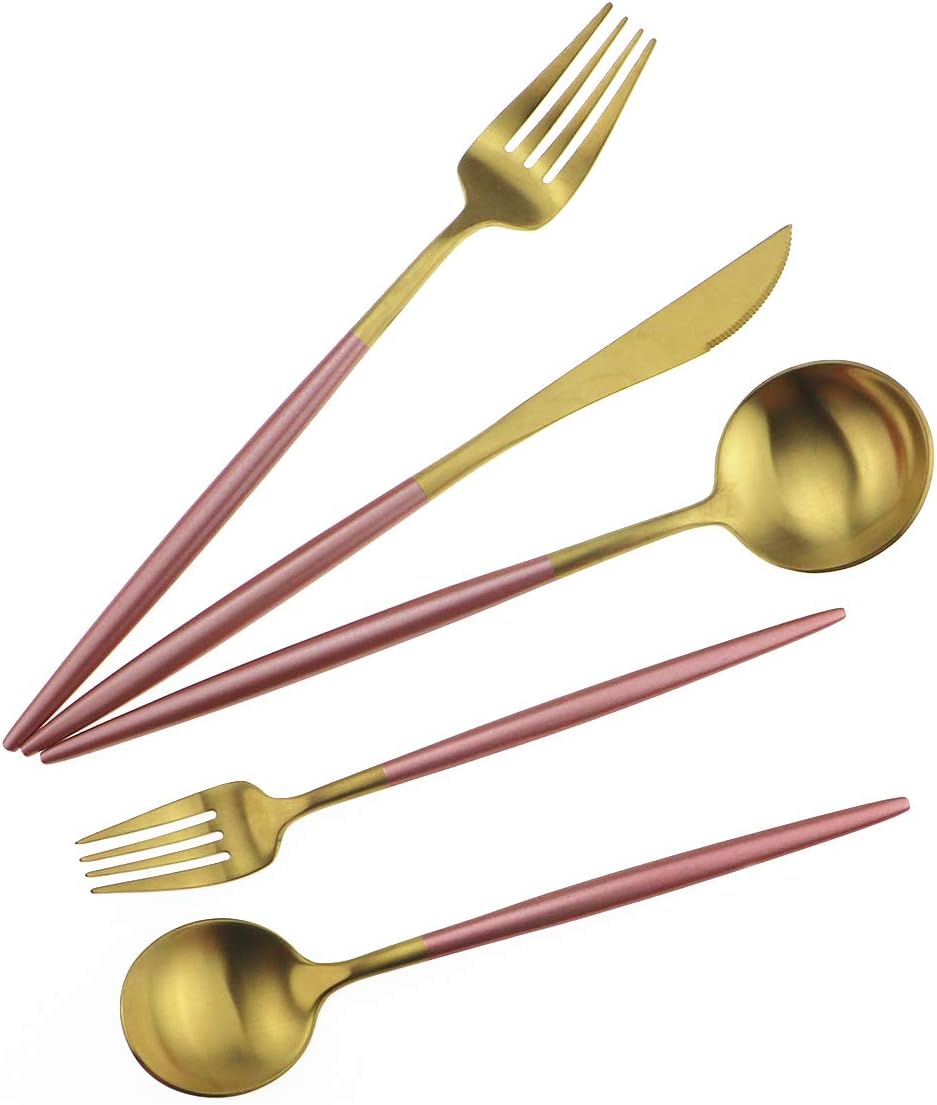 Gugrida Pink Gold Flatware, Royal 20 Piece Matte Pink Handle 18/10 Stainless Steel Tableware Sets for 4 Including Forks Spoons Knives, Camping Silverware Travel Utensils Set Cutlery (Pink Gold)