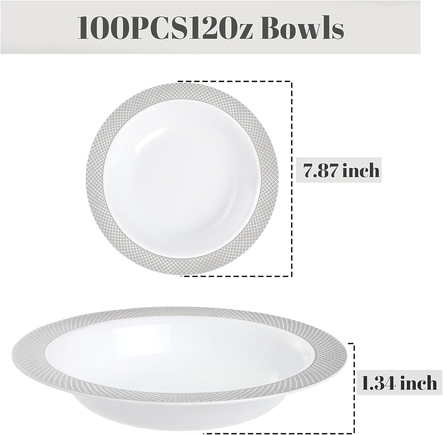I00000 100 Silver Plastic Bowls,12 OZ White Disposable Bowls,Fancy Plastic Salad Bowl,Premium Heavy Duty Disposable Soup Bowl for Parties,Weddings,Dinners, Catering, Picnics