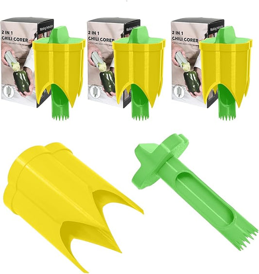 Pepper Corer, 2 in 1 Red Bell Pepper Seed Corer Remover Tool, Fruit & Vegetable Corers Quick Cave Tools for Jalapeno Cutter Deseeder, Green Yellow, 3 PCS