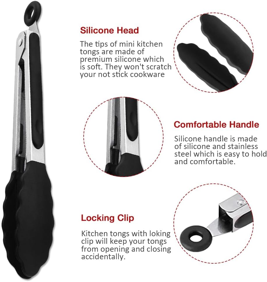 Mini Silicone Tongs Set of 2, Small Serving Tongs (7 inch) with Silicone Tips and Stainless Steel Handle, Great for Steaks, Salads, Vegetables