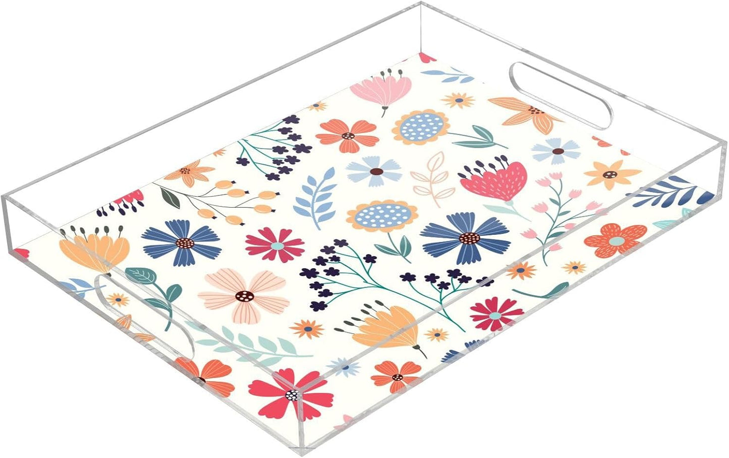 Acrylic Serving Tray with Handles Spill Proof Kitchen Storage Tray Clear Decorative Tray Makeup Drawer Organizer Storage Tray for Bathroom Living Room Ottoman 15.7x11.8Inches