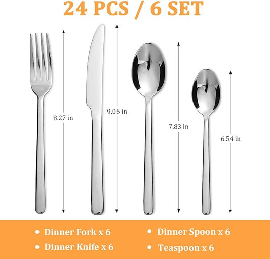 KOOMADE-Reverie 24 Piece Flatware Set Silverware Stainless Steel Flatware Utensils Cutlery Set Including Steak Knife Fork and Spoon for Home, Kitchen and Restaurant, Dishwasher Safe