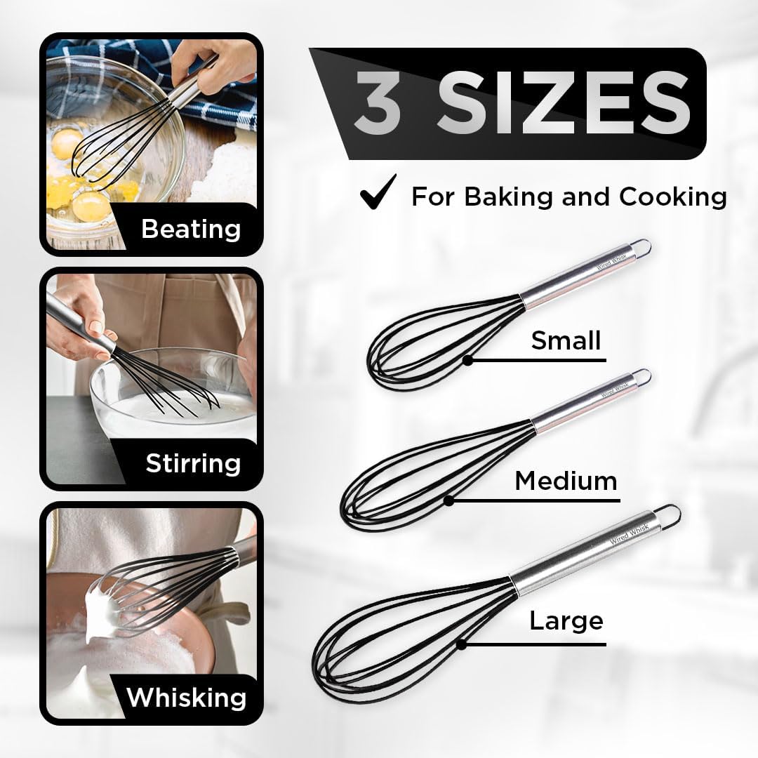 Silicone Whisk Set of 3 - Stainless Steel & Silicone Non-Stick Coating – wisking tool, Whisking, mini whisk, whisks for cooking (12-inch, 10-inch & 8.5-inch), egg whisk