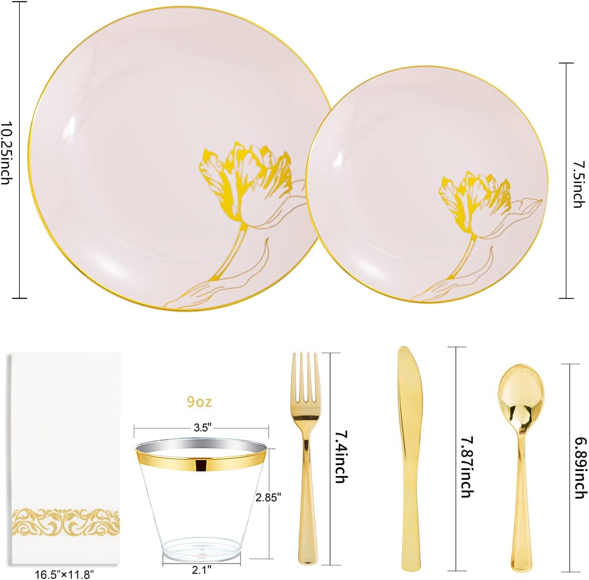 Nervure 175PCS Pink Plastic Plates - Floral Pink Gold Disposable Plates Include 50Plates, 25Forks, 25Knives, 25Spoons, 25Cups, 25Napkins Perfect for Wedding & Party & Easter & Mother's Day