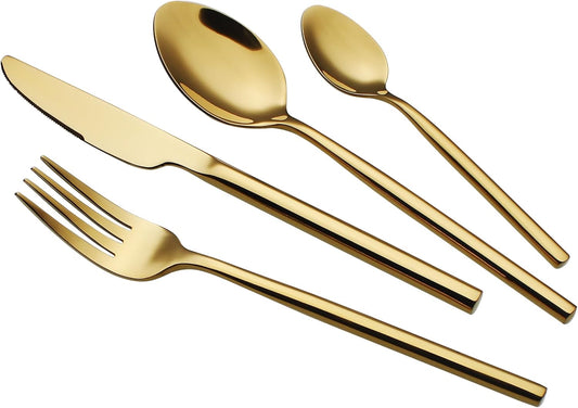 24 Piece Silverware Set For 6 Gold Heavy duty 18/10 Stainless Steel Flatware Set Modern Design Knife/Fork/Spoon Mirror Polished Dishwasher Safe Cutlery Set with Gifts