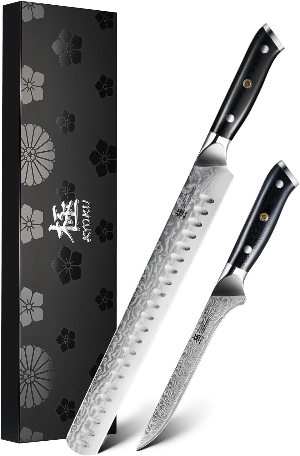 KYOKU Knife Set, 2pc Japanese Kitchen Knife Set for Cooking, 7" Boning 12" Slicing Knife with Silver Ion Blade Sheath Gift Box, Professional Ultra Sharp Damascus Stainless Steel Knives