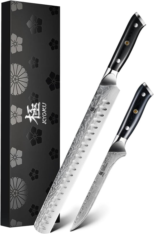 KYOKU Knife Set, 2pc Japanese Kitchen Knife Set for Cooking, 7" Boning 12" Slicing Knife with Silver Ion Blade Sheath Gift Box, Professional Ultra Sharp Damascus Stainless Steel Knives