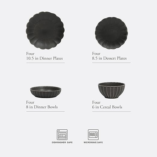 Gibson Elite Malibu Shore 16 Piece Scallop Stoneware Reactive Glaze (Service for 4) Ceramic Plates and Bowls Dinnerware Set - Black