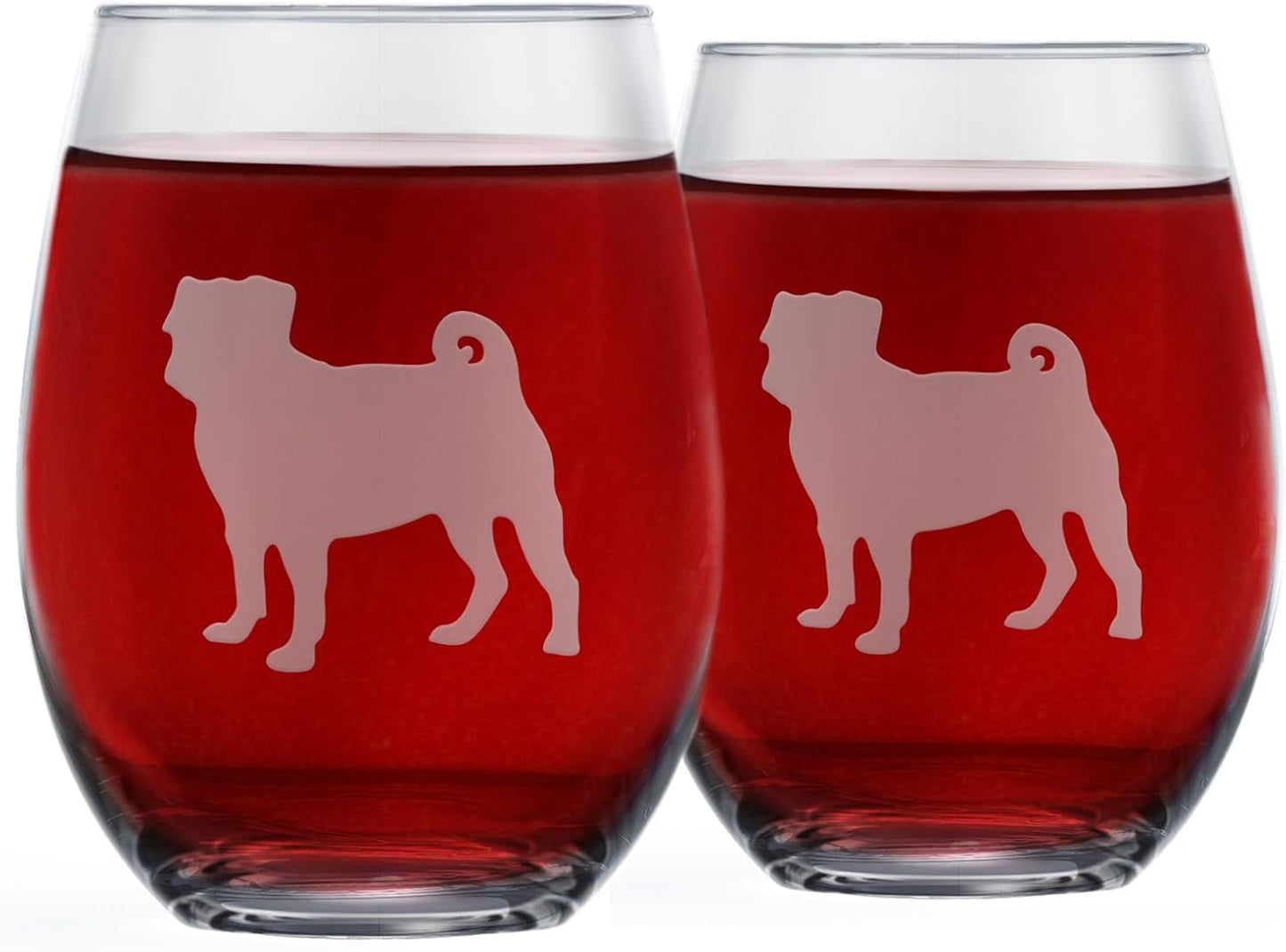 Greenline Goods Pug Stemless Wine Glasses (Set of 2) - Unique Gift for Dog Lovers - Hand Etched with Breed Name on Bottom