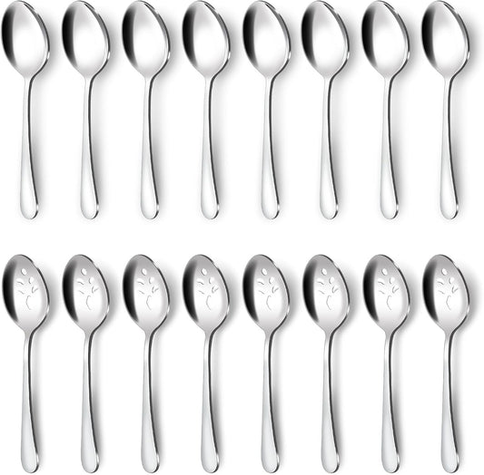 BEWOS 16-Piece Serving Spoons Set - Set of 8 Serving Spoons, Set of 8 Slotted Spoons, 9.1-Inch Utensils Set for Parties, Stainless Steel, Dishwasher Safe, Large Spoon For Buffet