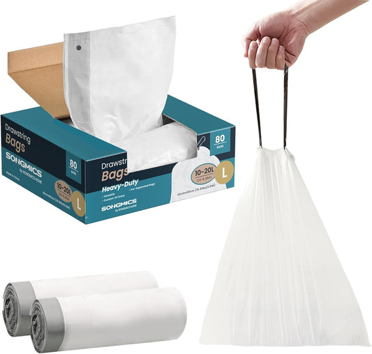 SONGMICS Trash Bags for 5.3 Gallon (20 L) Trash Cans, Drawstring Kitchen Garbage Bags, Pre-Separated, Quick-Dispense Box, Liner Code L, 2 Rolls, 80 Count, White UKRB021A02