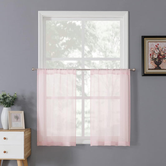 Tollpiz Sheer Tier Curtain Linen Textured Half Kitchen Curtains Sheer Light Filtering Rod Pocket Voile Small Curtains for Bathroom, 25 x 36 inches Long, Pink, Set of 2 Panels