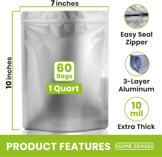 60pcs 1 Quart Mylar Bags for Food Storage - ExtraThick 10 Mil - Smell Proof Mylar bags 1 Quart - Stand-Up Zipper Pouches 7" x 10" - Small Mylar Bags for Food Storage - Heat Sealable
